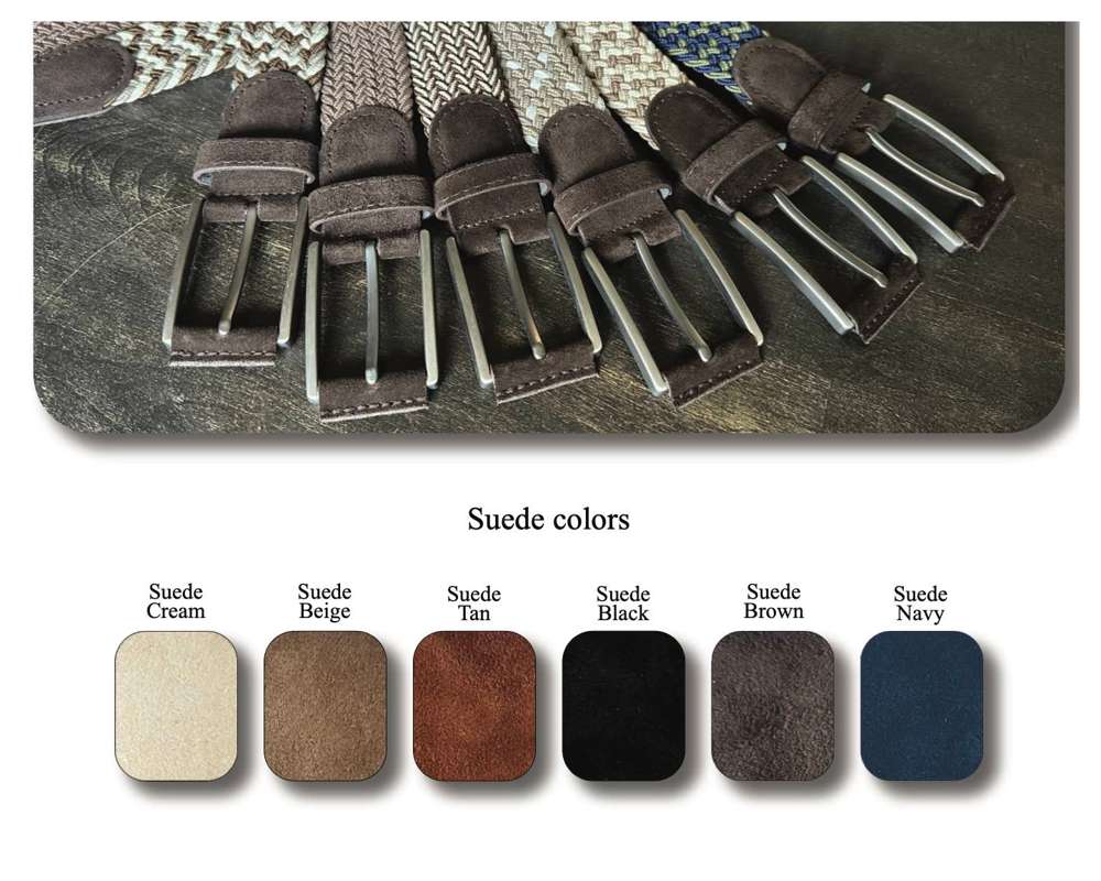 Stretch belts with suede tabs